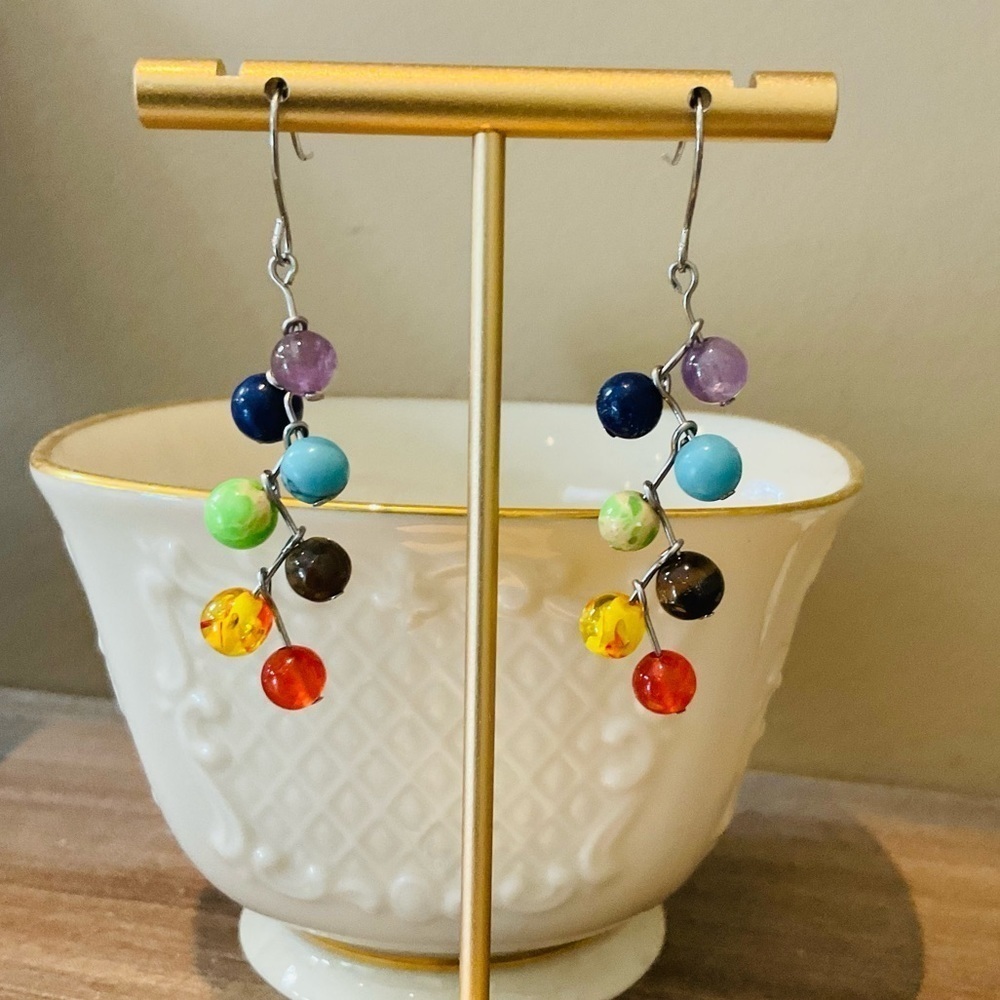 New Multi Color Stylish & Creative Stone Ball Bead Decor Dangle Drop Earrings - Picture 3 of 8